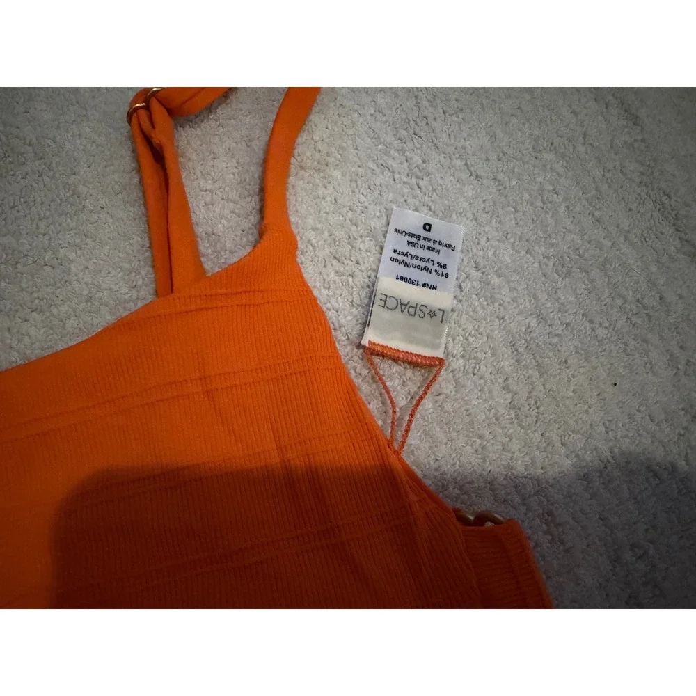 L*Space Orange Ribbed Bikini Top Square Neck Adjustable Straps Size D NWOT